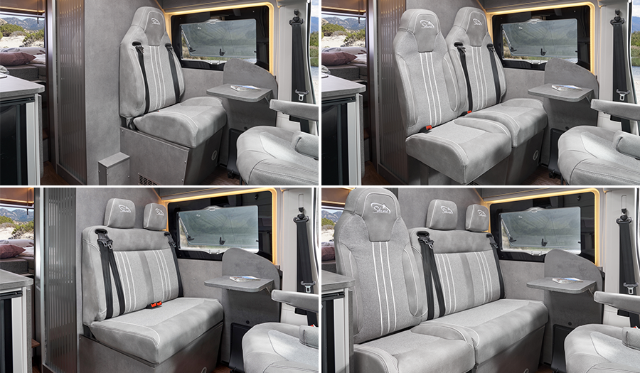 4 POSSIBILI VARIANTI DI SEDILE. | Siège individuel de confort automobile, avec extension pour siège supplémentaire (en option) ou une banquette permettant jusqu'à 5 places assises (2+1 en option).